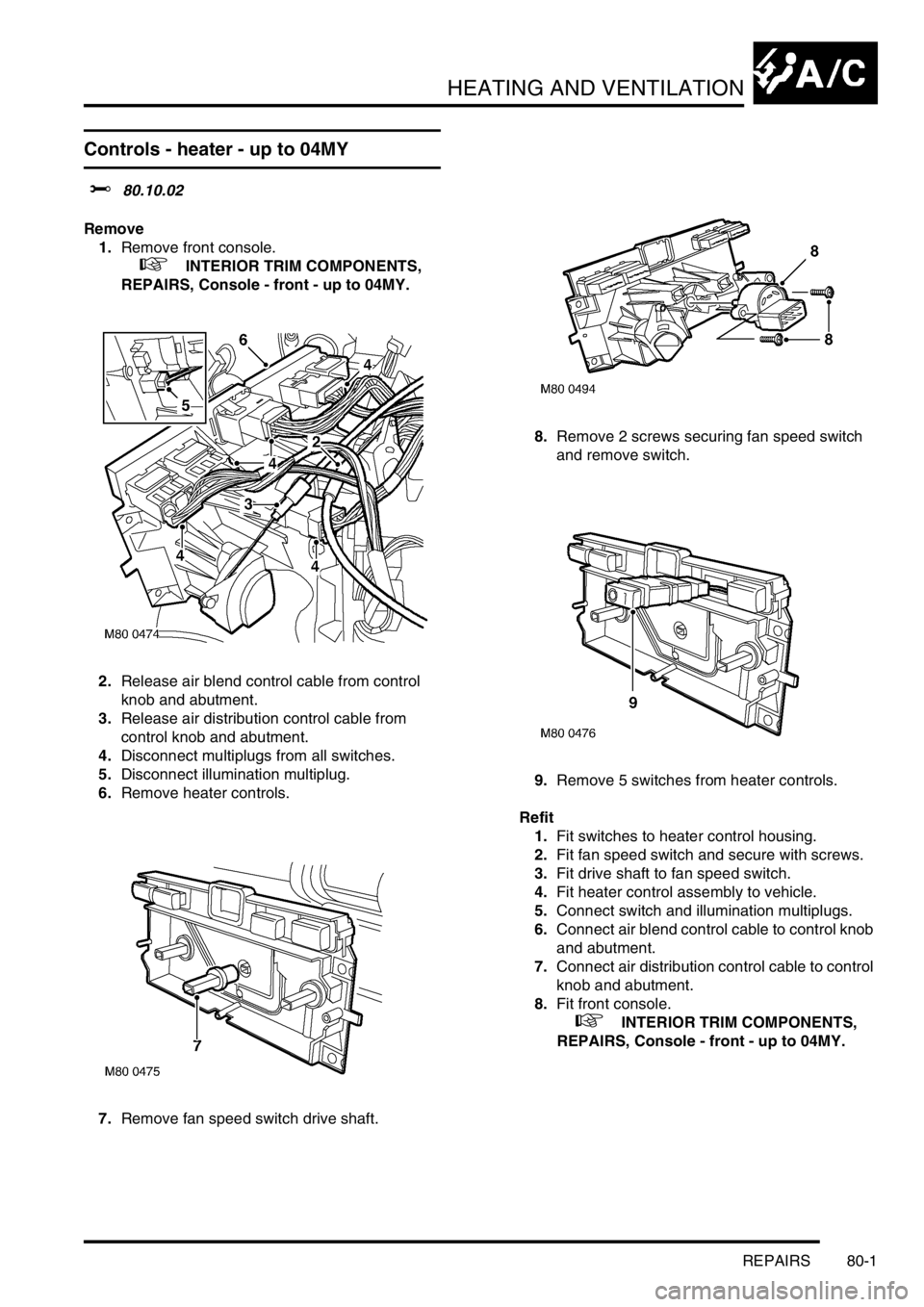 LAND ROVER FREELANDER 2001  Workshop Manual HEATING AND VENTILATION
REPAIRS 80-1
HEATING A ND VENT ILATION REPAIRS
Controls - heater - up to 04MY
$% 80.10.02
Remove
1.Remove front console.
 
 +  INTERIOR TRIM COMPONENTS, 
REPAIRS, Console - fro