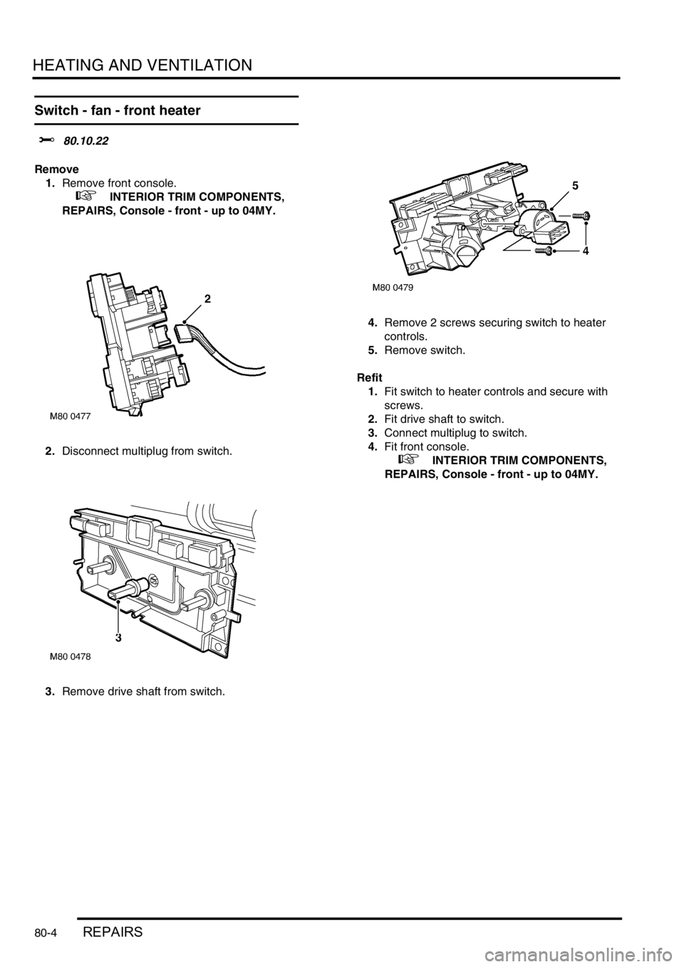 LAND ROVER FREELANDER 2001  Workshop Manual HEATING AND VENTILATION
80-4REPAIRS
Switch - fan - front heater 
$% 80.10.22
Remove
1.Remove front console.
 
 +  INTERIOR TRIM COMPONENTS, 
REPAIRS, Console - front - up to 04MY.
2.Disconnect multipl