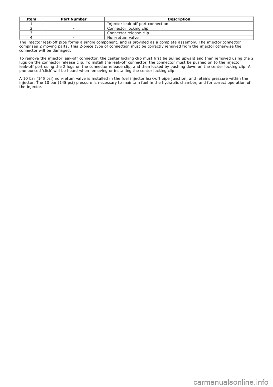LAND ROVER FRELANDER 2 2006 Repair Manual ItemPart NumberDescription
1-Inject or leak-off port connect ion
2-Connector l ocking cl ip3-Connector release cl ip
4-Non-ret urn val ve
The inject or leak-off pi pe forms a s i ngl e component , an LAND ROVER FRELANDER 2 2006 Repair Manual ItemPart NumberDescription
1-Inject or leak-off port connect ion
2-Connector l ocking cl ip3-Connector release cl ip
4-Non-ret urn val ve
The inject or leak-off pi pe forms a s i ngl e component , an