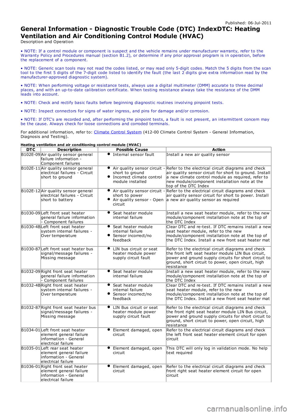 LAND ROVER FRELANDER 2 2006  Repair Manual Publi shed: 06-Jul-2011
General Information - Diagnostic Trouble Code (DTC) IndexDTC: Heating
Ventilation and Air Conditioning Control Module (HVAC)
Des cript ion and Operat ion
• NOTE: If a cont ro