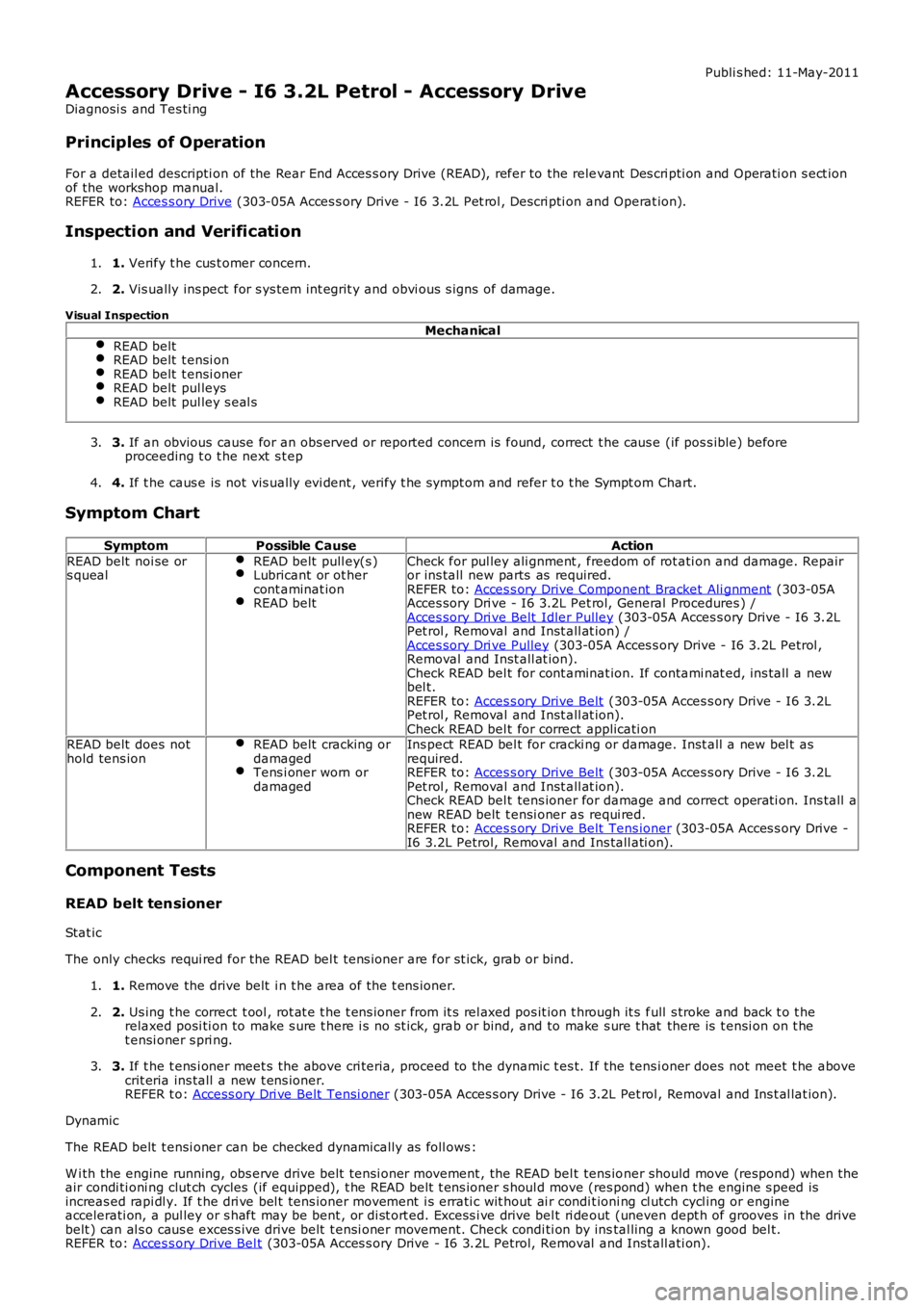 LAND ROVER FRELANDER 2 2006 Repair Manual Publi s hed: 11-May-2011
Accessory Drive - I6 3.2L Petrol - Accessory Drive
Diagnosi s and Tes ti ng
Principles of Operation
For a detail ed descripti on of the Rear End Acces s ory Drive (READ), ref LAND ROVER FRELANDER 2 2006 Repair Manual Publi s hed: 11-May-2011
Accessory Drive - I6 3.2L Petrol - Accessory Drive
Diagnosi s and Tes ti ng
Principles of Operation
For a detail ed descripti on of the Rear End Acces s ory Drive (READ), ref