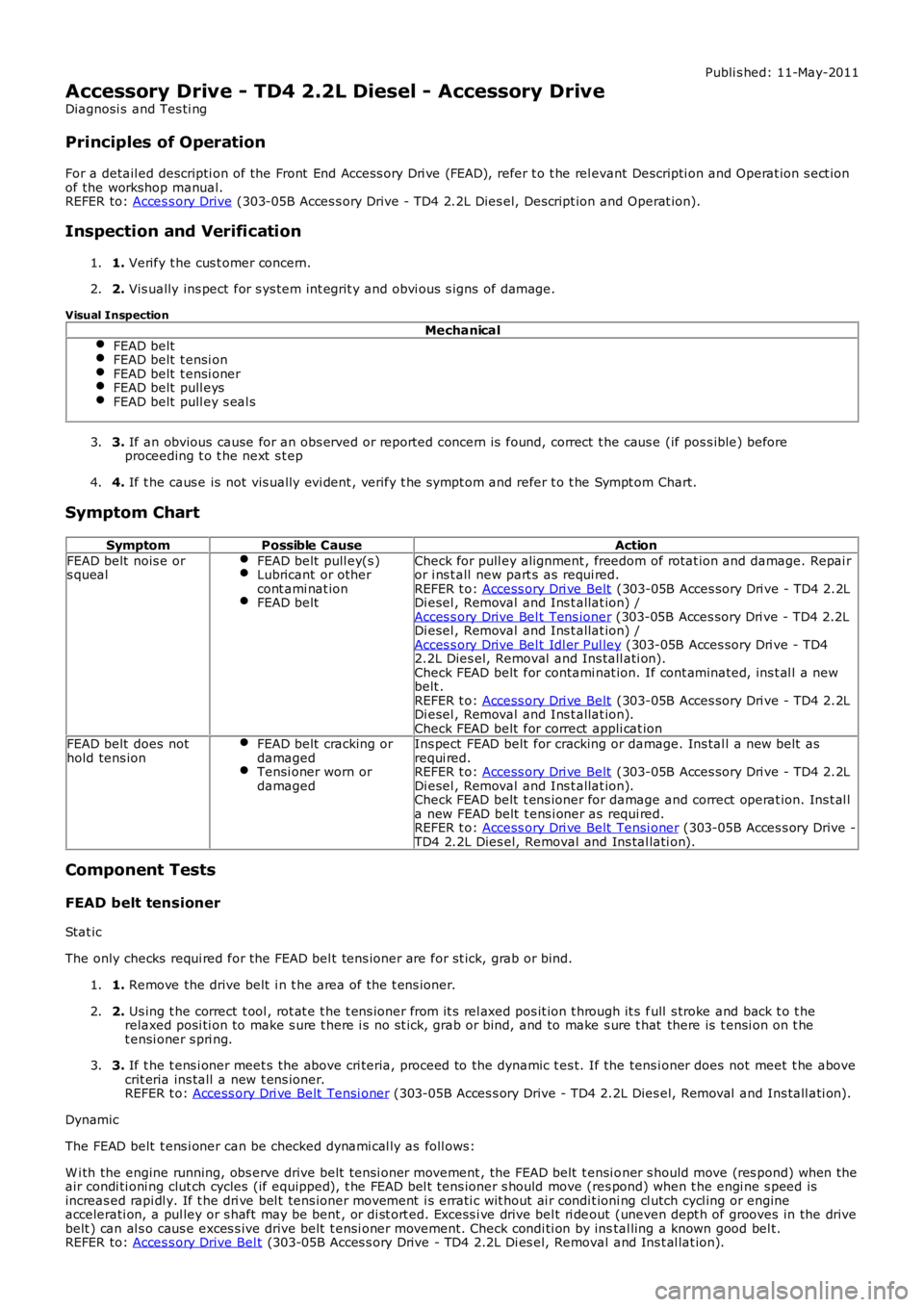 LAND ROVER FRELANDER 2 2006 Repair Manual Publi s hed: 11-May-2011
Accessory Drive - TD4 2.2L Diesel - Accessory Drive
Diagnosi s and Tes ti ng
Principles of Operation
For a detail ed descripti on of the Front End Access ory Dri ve (FEAD), LAND ROVER FRELANDER 2 2006 Repair Manual Publi s hed: 11-May-2011
Accessory Drive - TD4 2.2L Diesel - Accessory Drive
Diagnosi s and Tes ti ng
Principles of Operation
For a detail ed descripti on of the Front End Access ory Dri ve (FEAD),