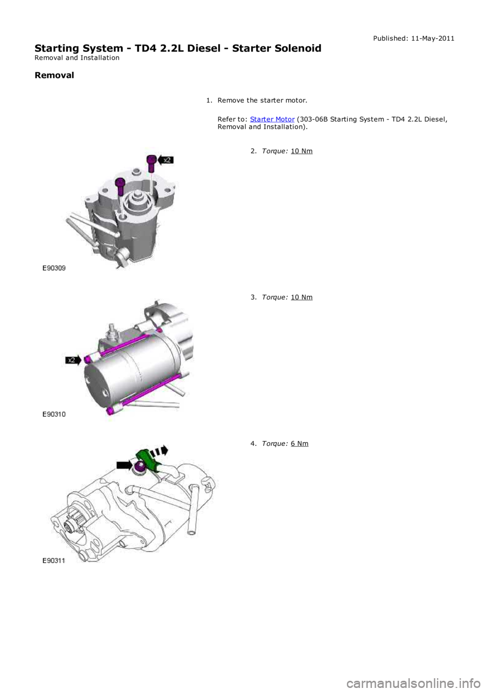 LAND ROVER FRELANDER 2 2006  Repair Manual Publi s hed: 11-May-2011
Starting System - TD4 2.2L Diesel - Starter Solenoid
Removal  and Inst all ati on
Removal
Remove t he s tart er mot or.
Refer t o:  Start er Motor  (303-06B Starti ng Sys t em