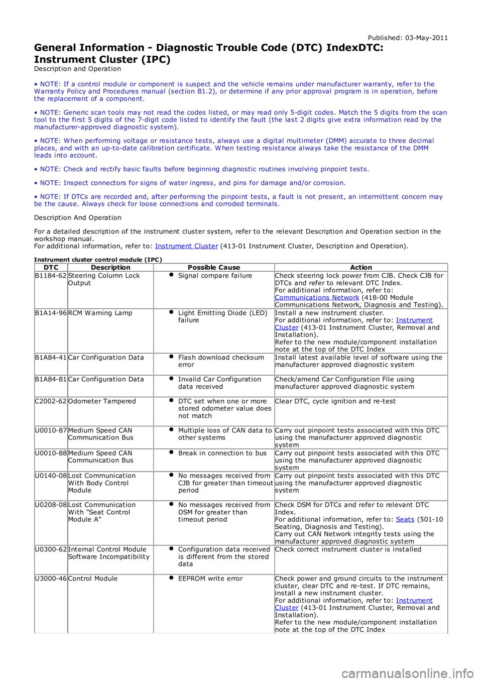 LAND ROVER FRELANDER 2 2006  Repair Manual Publi s hed: 03-May-2011
General Information - Diagnostic Trouble Code (DTC) IndexDTC:
Instrument Cluster (IPC)
Des cript ion and Operat ion
• NOTE: If a cont rol  module or component  i s  s uspect