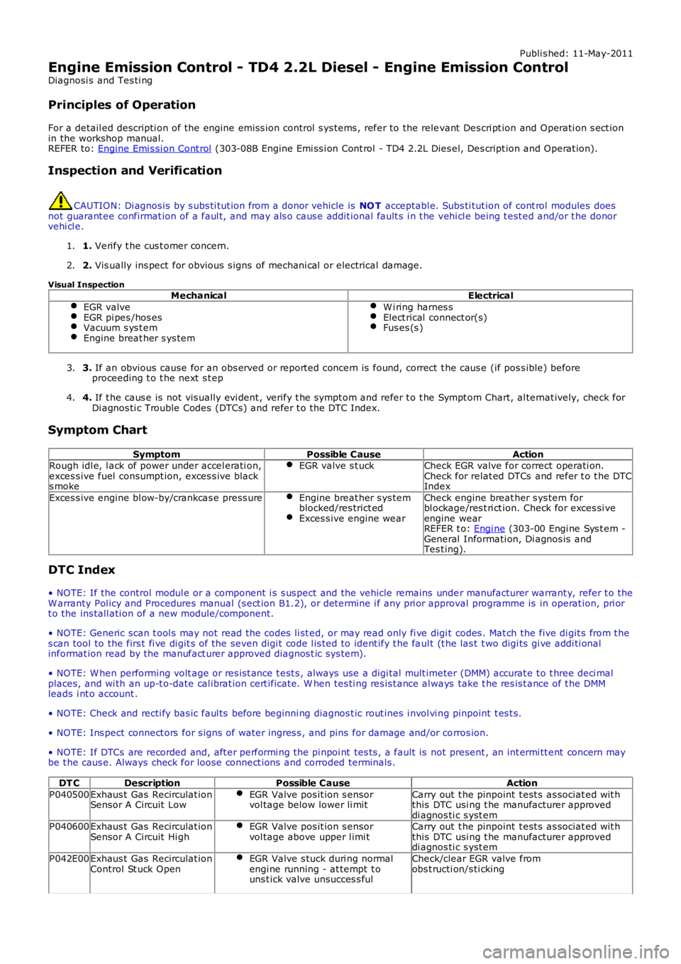 LAND ROVER FRELANDER 2 2006  Repair Manual Publi s hed: 11-May-2011
Engine Emission Control - TD4 2.2L Diesel - Engine Emission Control
Diagnosi s  and Tes ti ng
Principles of Operation
For a detail ed descripti on of the engine emis s ion con