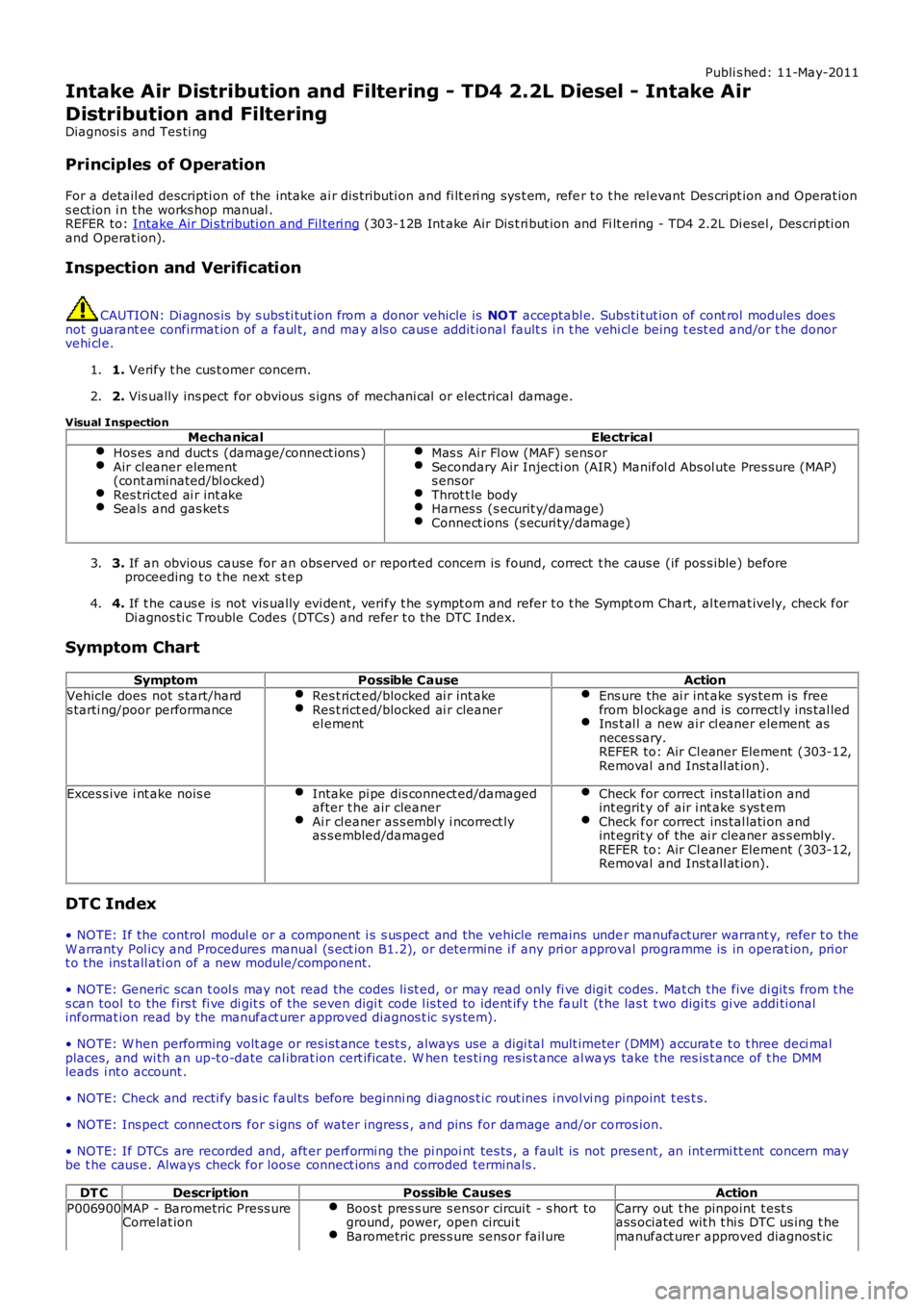 LAND ROVER FRELANDER 2 2006 Repair Manual Publi s hed: 11-May-2011
Intake Air Distribution and Filtering - TD4 2.2L Diesel - Intake Air
Distribution and Filtering
Diagnosi s and Tes ti ng
Principles of Operation
For a detail ed descripti on LAND ROVER FRELANDER 2 2006 Repair Manual Publi s hed: 11-May-2011
Intake Air Distribution and Filtering - TD4 2.2L Diesel - Intake Air
Distribution and Filtering
Diagnosi s and Tes ti ng
Principles of Operation
For a detail ed descripti on