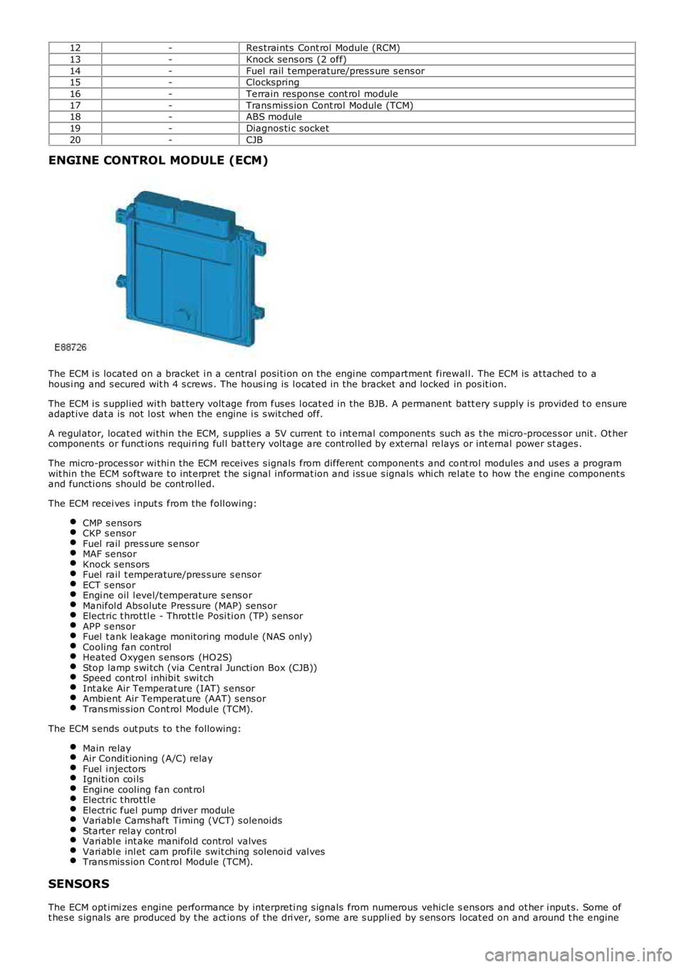 LAND ROVER FRELANDER 2 2006  Repair Manual 12-Res trai nts  Cont rol Module (RCM)
13-Knock sens ors  (2 off)
14-Fuel  rail  t emperature/pres s ure s ens or15-Clockspring
16-Terrain respons e cont rol  module
17-Trans mis s ion Cont rol Module