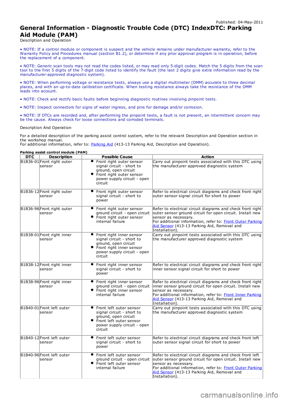 LAND ROVER FRELANDER 2 2006  Repair Manual Publi s hed: 04-May-2011
General Information - Diagnostic Trouble Code (DTC) IndexDTC: Parking
Aid Module (PAM)
Des cript ion and Operat ion
• NOTE: If a cont rol  module or component  i s  s uspect