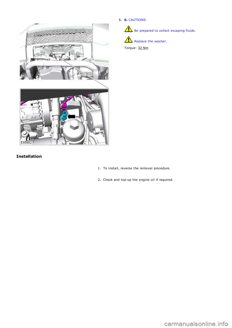 LAND ROVER FRELANDER 2 2006  Repair Manual 6. 
CAUTIONS:  Be prepared t o collect es caping flui ds .
 Replace t he was her.
T orque:  32 Nm 6.
Installation To i nst all , revers e t he removal procedure.
1.
Check and top-up the engine oi l if