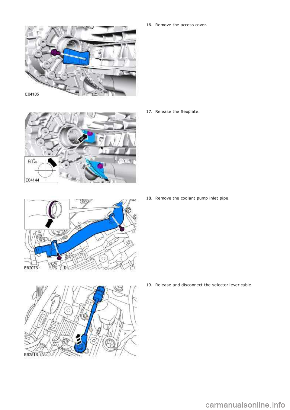 LAND ROVER FRELANDER 2 2006  Repair Manual Remove t he acces s cover.
16. Releas e t he fl expl at e.
17. Remove t he cool ant  pump inlet  pipe.
18. Releas e and dis connect the sel ect or l ever cable.
19. 