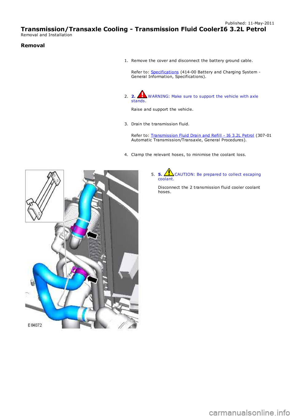 LAND ROVER FRELANDER 2 2006  Repair Manual Publi s hed: 11-May-2011
Transmission/Transaxle Cooling - Transmission Fluid CoolerI6 3.2L Petrol
Removal  and Inst all ati on
Removal
Remove t he cover and dis connect the bat tery ground cabl e.
Ref