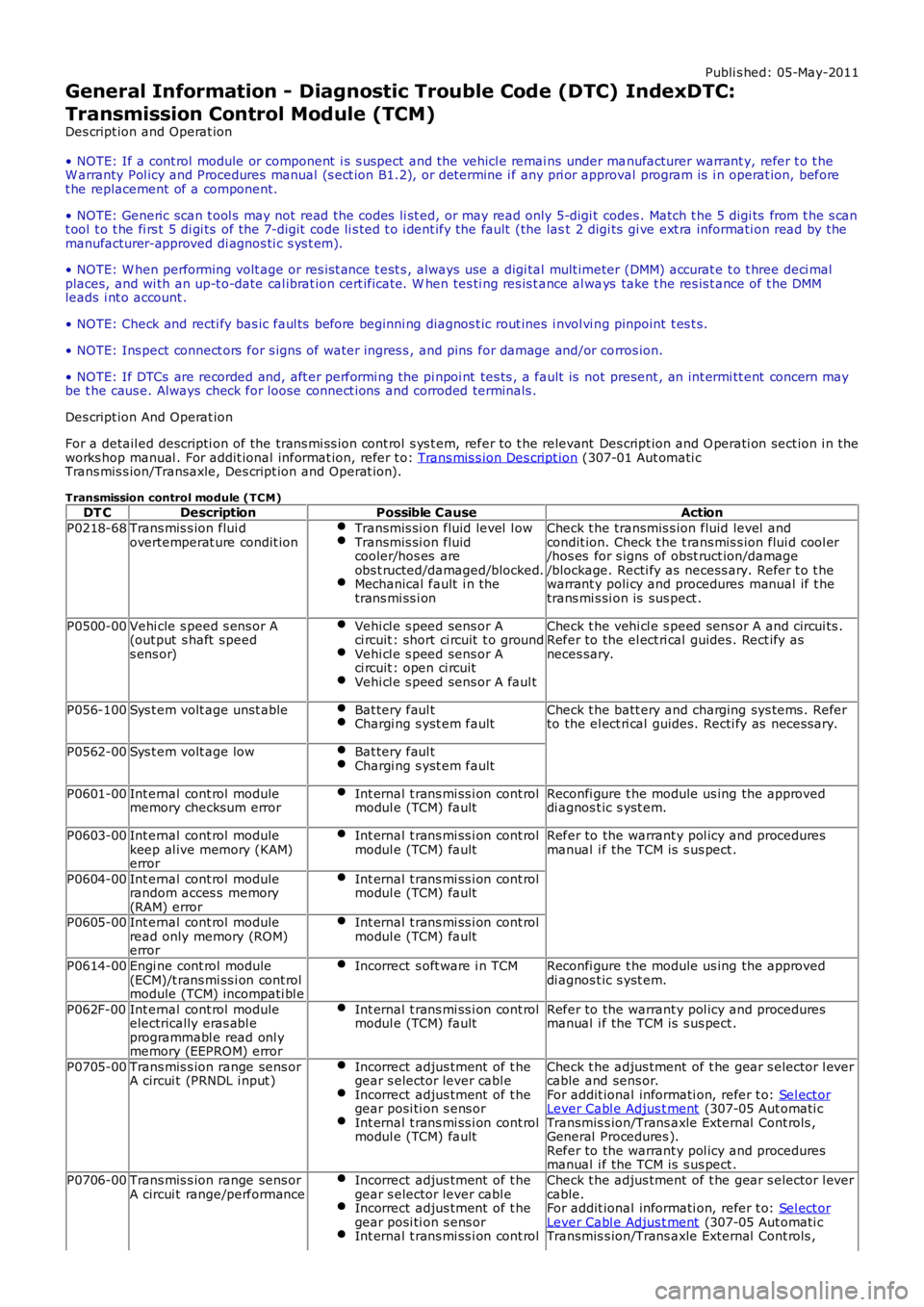 LAND ROVER FRELANDER 2 2006 Repair Manual Publi s hed: 05-May-2011
General Information - Diagnostic Trouble Code (DTC) IndexDTC:
Transmission Control Module (TCM)
Des cript ion and Operat ion
• NOTE: If a cont rol module or component i s LAND ROVER FRELANDER 2 2006 Repair Manual Publi s hed: 05-May-2011
General Information - Diagnostic Trouble Code (DTC) IndexDTC:
Transmission Control Module (TCM)
Des cript ion and Operat ion
• NOTE: If a cont rol module or component i s