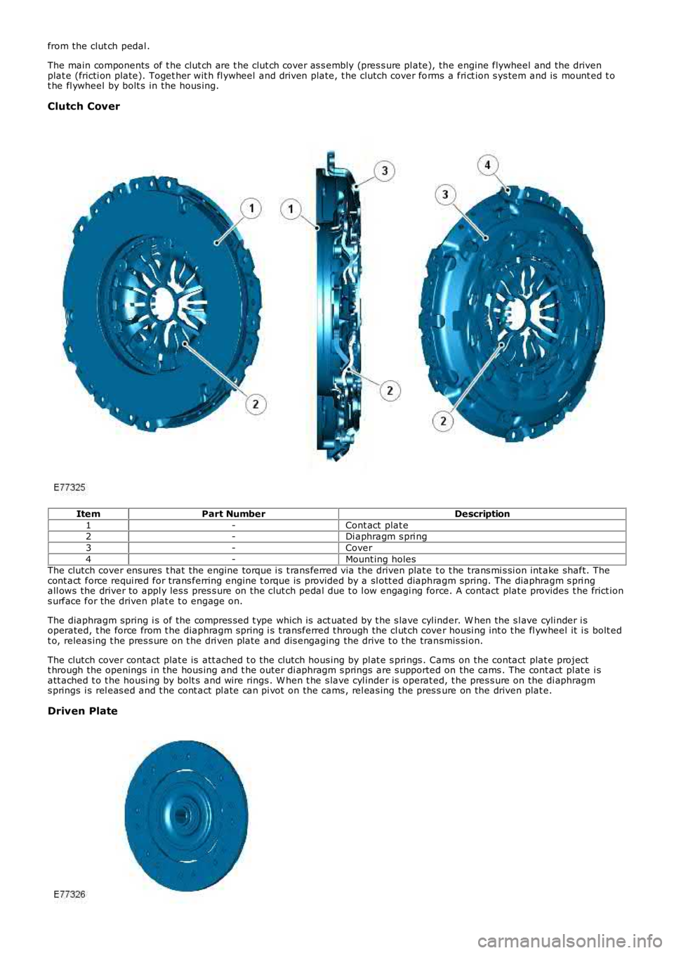 LAND ROVER FRELANDER 2 2006  Repair Manual from the clut ch pedal .
The main components  of t he clut ch are t he clut ch cover as s embly (pres s ure pl ate), the engine flywheel and the drivenplat e (fricti on plate). Toget her wit h fl ywhe