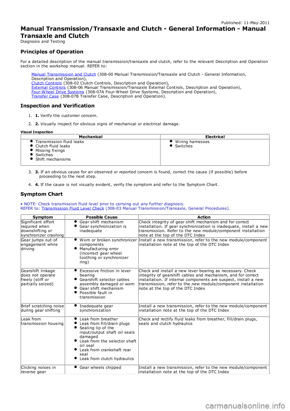 LAND ROVER FRELANDER 2 2006  Repair Manual Publi s hed: 11-May-2011
Manual Transmission/Transaxle and Clutch - General Information - Manual
Transaxle and Clutch
Diagnosi s  and Tes ti ng
Principles of Operation
For a detail ed descripti on of 