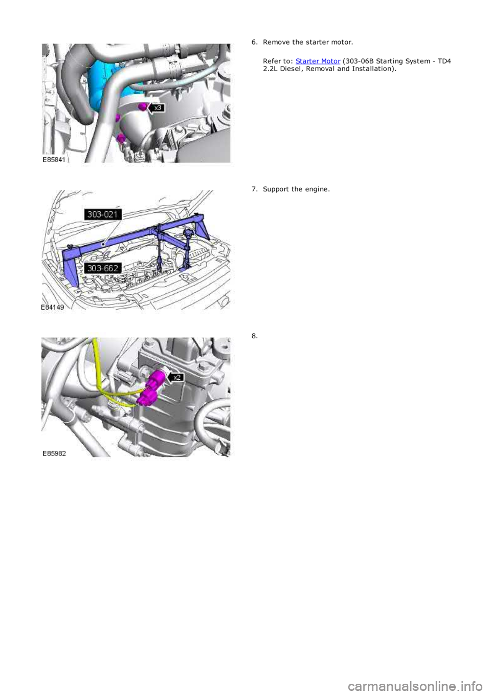 LAND ROVER FRELANDER 2 2006  Repair Manual Remove t he s tart er mot or.
Refer t o:  Start er Motor  (303-06B Starti ng Sys t em - TD4
2.2L Dies el , Removal  and Inst all at ion).
6. Support the engi ne.
7. 8. 