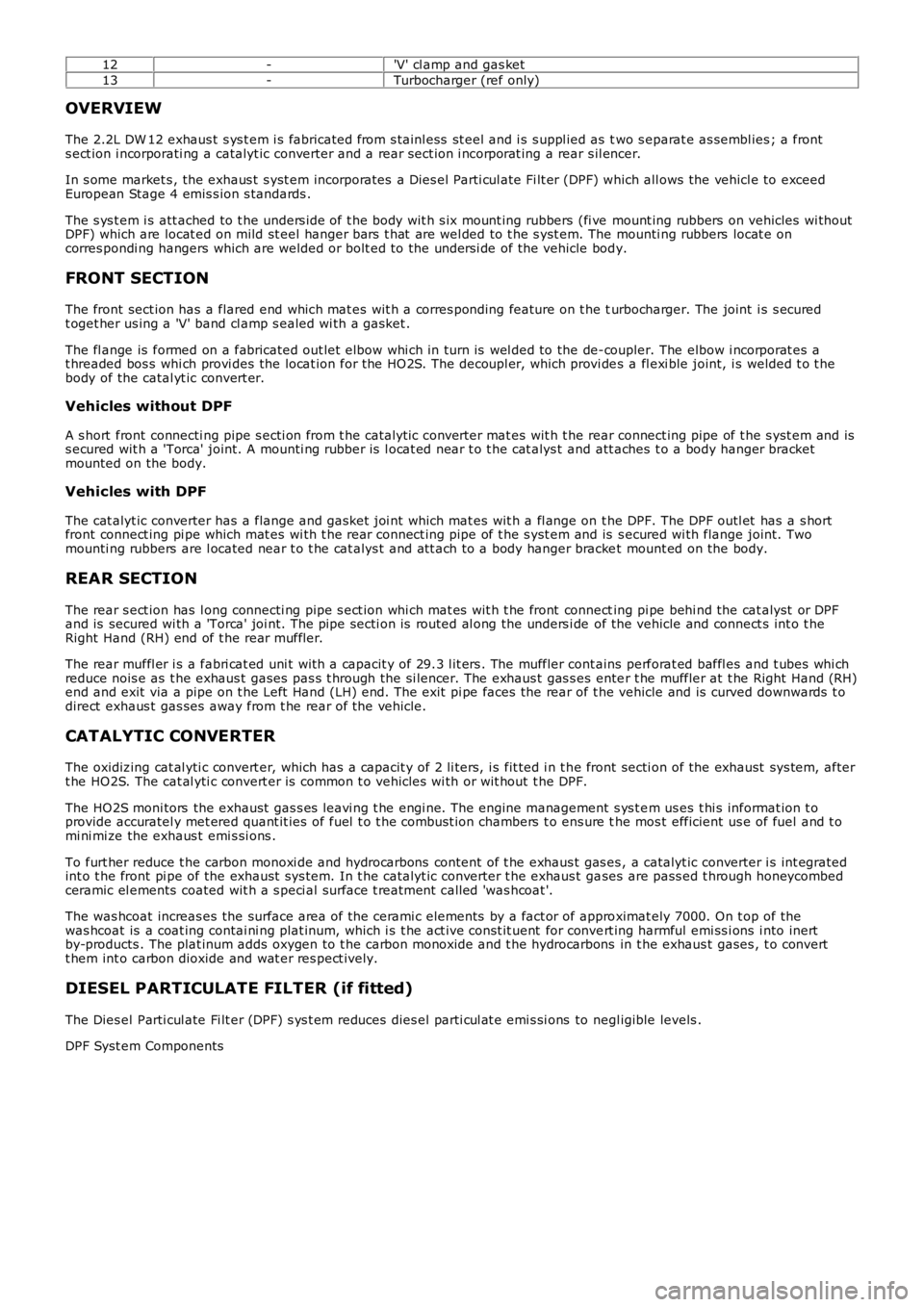 LAND ROVER FRELANDER 2 2006  Repair Manual 12-'V' cl amp and gas ket
13-Turbocharger (ref only)
OVERVIEW
The 2.2L DW 12 exhaus t s ys t em i s fabricated from s tainl ess  st eel and i s  s uppl ied as  two s eparat e as sembl ies ; a 