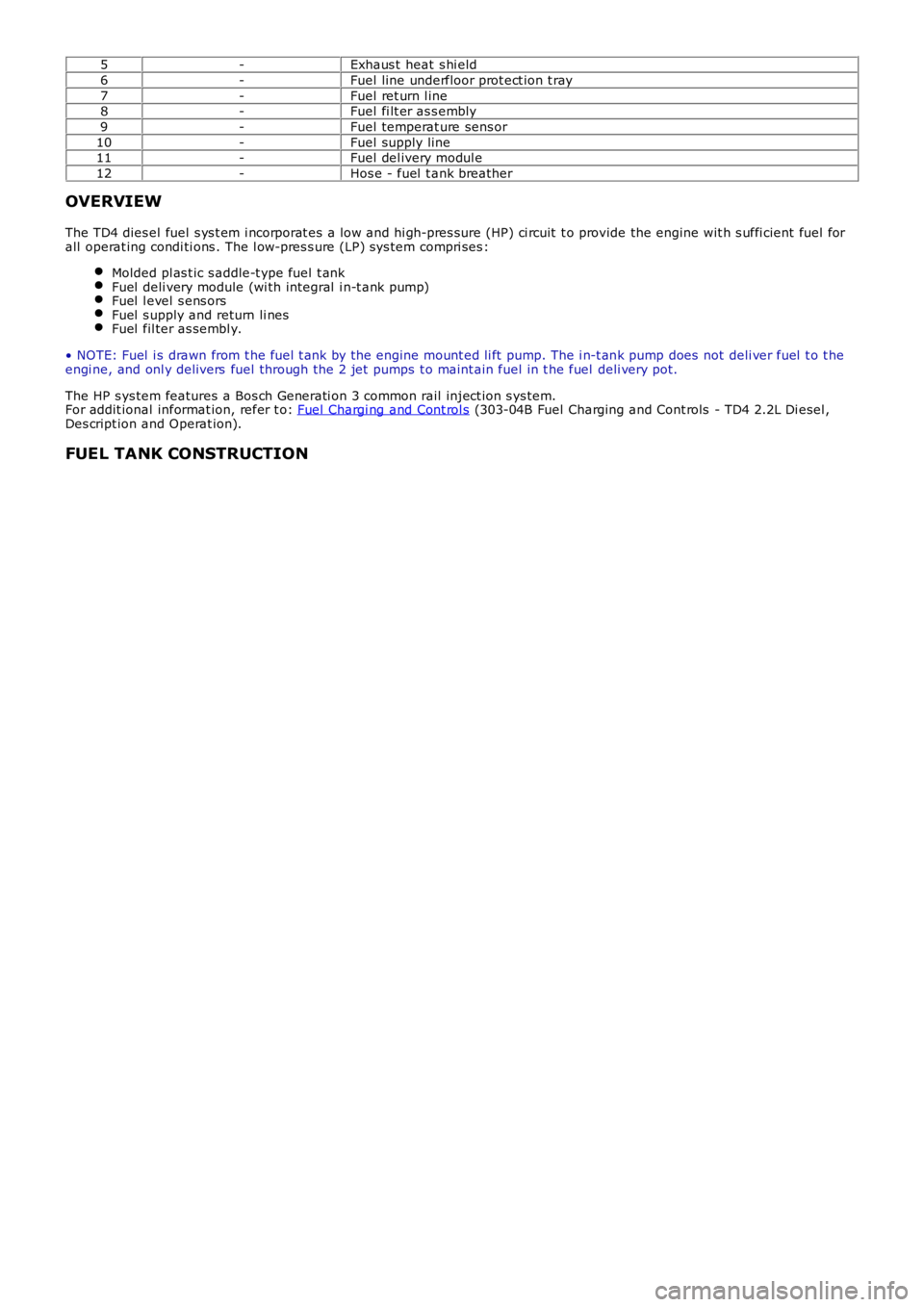 LAND ROVER FRELANDER 2 2006 Repair Manual 5-Exhaus t heat s hi eld
6-Fuel line underfloor prot ect ion t ray
7-Fuel ret urn l ine8-Fuel fi lt er as s embly
9-Fuel temperat ure sens or
10-Fuel supply line11-Fuel del ivery modul e
12-Hos e - f LAND ROVER FRELANDER 2 2006 Repair Manual 5-Exhaus t heat s hi eld
6-Fuel line underfloor prot ect ion t ray
7-Fuel ret urn l ine8-Fuel fi lt er as s embly
9-Fuel temperat ure sens or
10-Fuel supply line11-Fuel del ivery modul e
12-Hos e - f