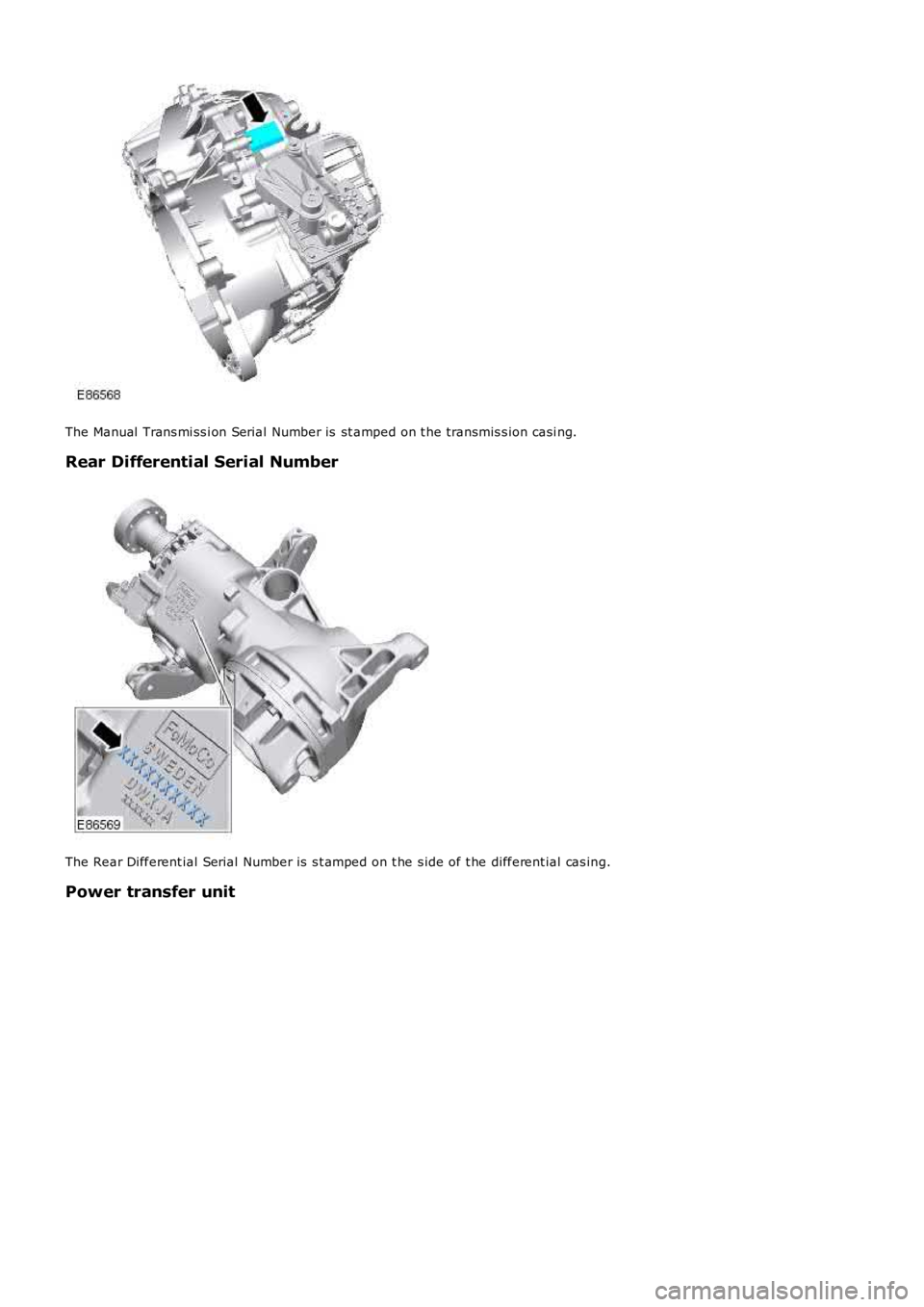 LAND ROVER FRELANDER 2 2006 Repair Manual The Manual Trans mi ss i on Serial Number is st amped on t he transmis s ion casi ng.
Rear Differential Serial Number
The Rear Different ial Serial Number is s t amped on t he s ide of t he diffe LAND ROVER FRELANDER 2 2006 Repair Manual The Manual Trans mi ss i on Serial Number is st amped on t he transmis s ion casi ng.
Rear Differential Serial Number
The Rear Different ial Serial Number is s t amped on t he s ide of t he diffe