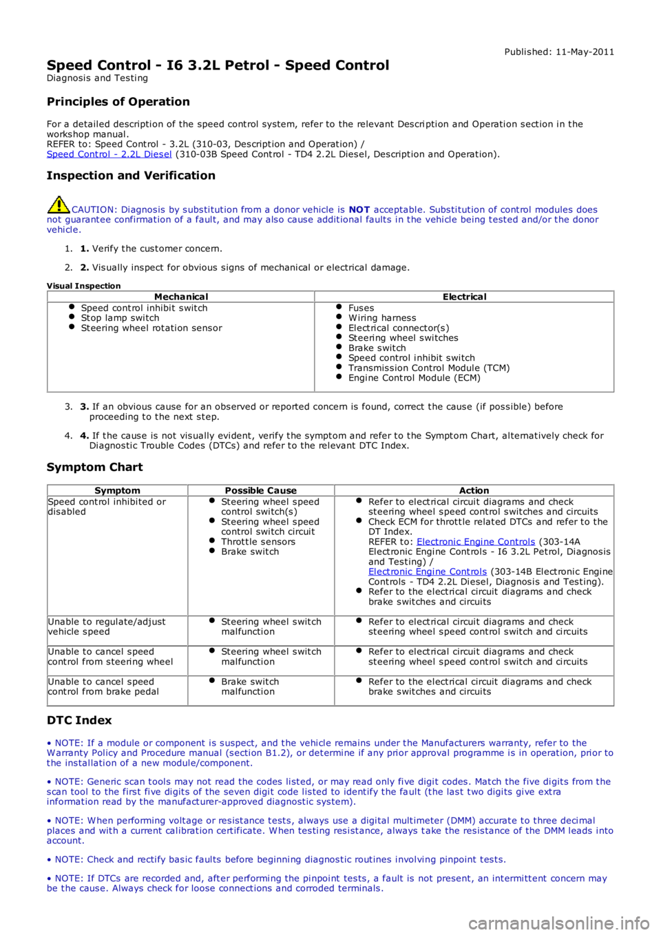 LAND ROVER FRELANDER 2 2006 Repair Manual Publi s hed: 11-May-2011
Speed Control - I6 3.2L Petrol - Speed Control
Diagnosi s and Tes ti ng
Principles of Operation
For a detail ed descripti on of the speed cont rol s ys tem, refer to the rel LAND ROVER FRELANDER 2 2006 Repair Manual Publi s hed: 11-May-2011
Speed Control - I6 3.2L Petrol - Speed Control
Diagnosi s and Tes ti ng
Principles of Operation
For a detail ed descripti on of the speed cont rol s ys tem, refer to the rel