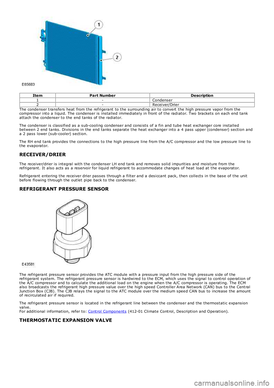 LAND ROVER FRELANDER 2 2006  Repair Manual ItemPart NumberDescription
1-Condens er2-Recei ver/Drier
The condens er t rans fers heat  from t he refri gerant  to t he s urroundi ng air t o convert  t he high press ure vapor from thecompres sor i