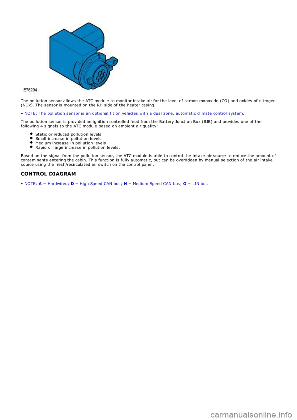 LAND ROVER FRELANDER 2 2006  Repair Manual The pollution sensor allows  the  ATC module  to monitor  inta ke a ir for the level of carbon monoxide  (CO ) and oxides  of  nitrogen(NOx). The s ensor is  mounte d on the RH side of  the  hea ter  