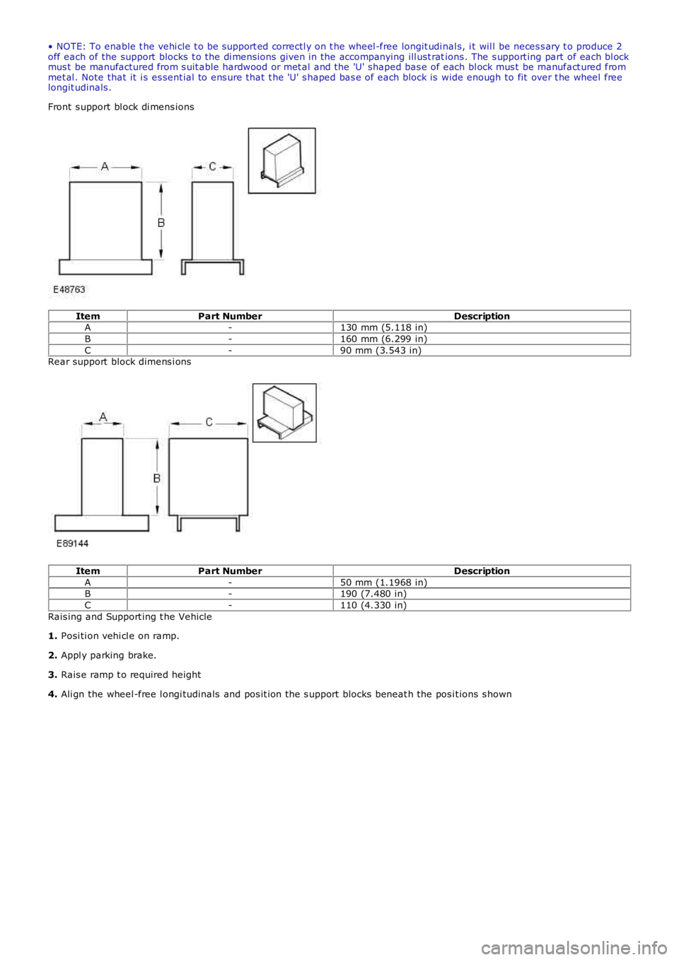 LAND ROVER FRELANDER 2 2006  Repair Manual • NOTE: To enable t he vehi cle t o be s upport ed correctl y on t he wheel -free longit udi nal s, i t wil l be neces s ary t o produce 2off each of the support  blocks t o the di mens ions given i