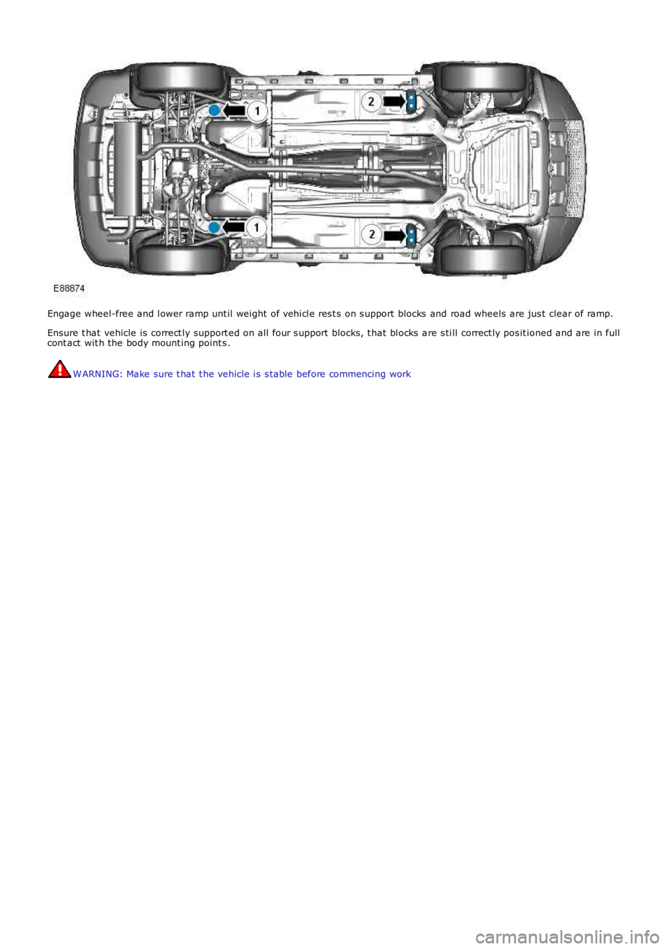 LAND ROVER FRELANDER 2 2006 Service Manual Engage wheel-free and l ower ramp unt il weight of vehi cl e res t s on s upport blocks  and road wheels  are jus t  clear of ramp.
Ensure t hat  vehicle is  correct ly support ed on all  four s uppor