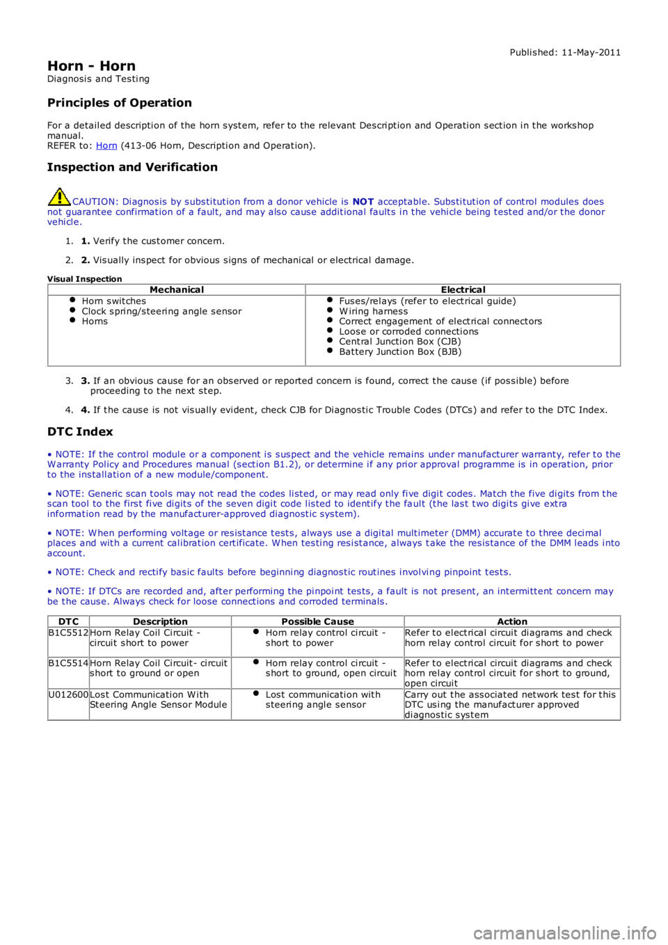 LAND ROVER FRELANDER 2 2006  Repair Manual Publi s hed: 11-May-2011
Horn - Horn
Diagnosi s  and Tes ti ng
Principles of Operation
For a detail ed descripti on of the horn s yst em, refer to the relevant  Des cri pt ion and Operati on s ect ion