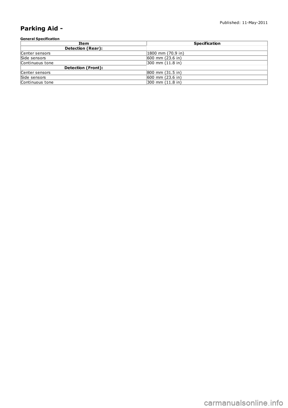 LAND ROVER FRELANDER 2 2006  Repair Manual Publi s hed: 11-May-2011
Parking Aid -
General SpecificationItemSpecification
Detection (Rear):
Center s ensors1800 mm (70.9 i n)Side sens ors600 mm (23.6 in)
Conti nuous  t one300 mm (11.8 in)
Detect