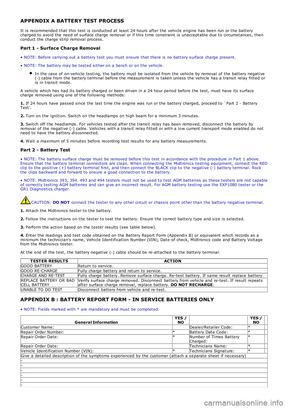 LAND ROVER FRELANDER 2 2006  Repair Manual APPENDIX A BATTERY TEST PROCESS
It is  recommended t hat this  tes t is  conduct ed at leas t 24 hours  after t he vehi cl e engine has  been run or t he batt erycharged to avoi d the need of s urface