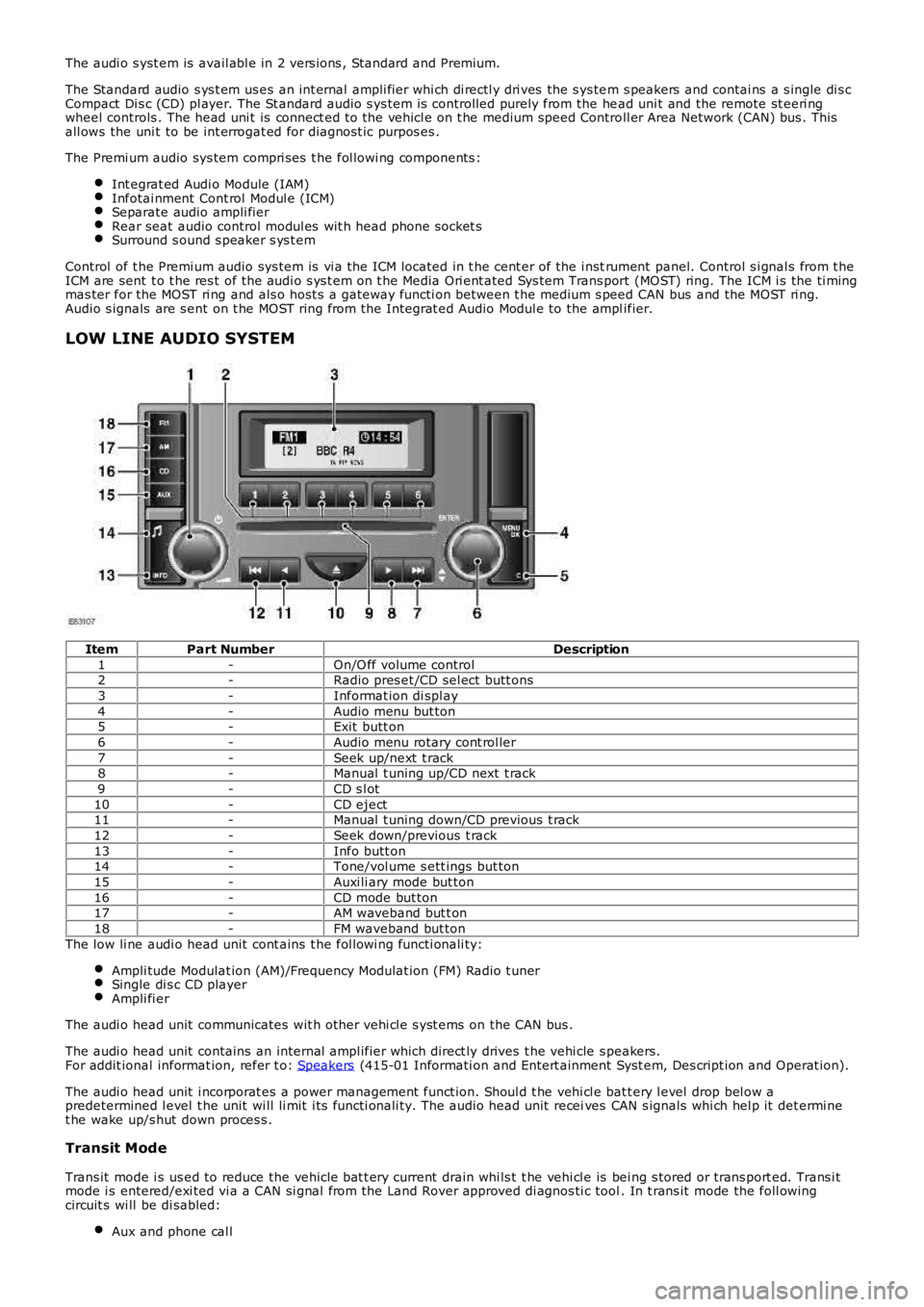 LAND ROVER FRELANDER 2 2006  Repair Manual The audi o s yst em is  avail abl e in 2 vers ions , Standard and Premium.
The Standard audio s ys t em us es an int ernal ampli fier whi ch di rectl y dri ves  the s ys tem s peakers  and contai ns  