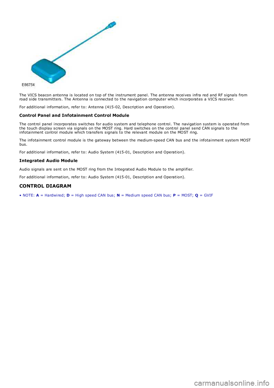 LAND ROVER FRELANDER 2 2006  Repair Manual The VICS beacon antenna i s located on t op of t he ins trument panel. The ant enna receives  infra red and RF s ignals  fromroad s i de transmit ters . The Ant enna i s  connected t o t he navigati o