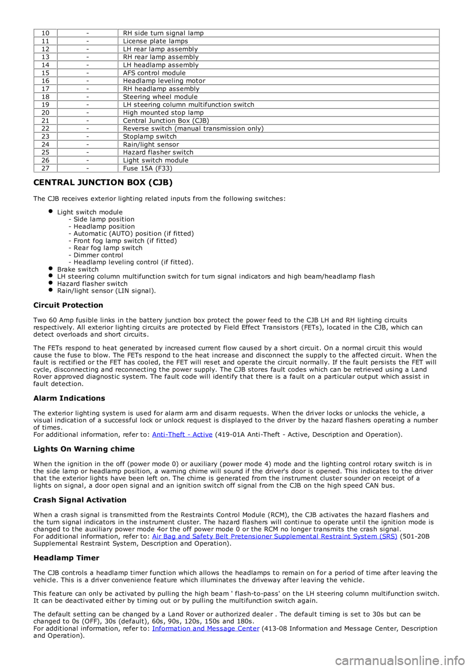 LAND ROVER FRELANDER 2 2006  Repair Manual 10-RH s i de turn s ignal lamp
11-Licens e pl ate lamps
12-LH rear l amp as s embl y13-RH rear lamp as s embly
14-LH headlamp as s embly
15-AFS cont rol  module16-Headl amp l evel ing mot or
17-RH hea