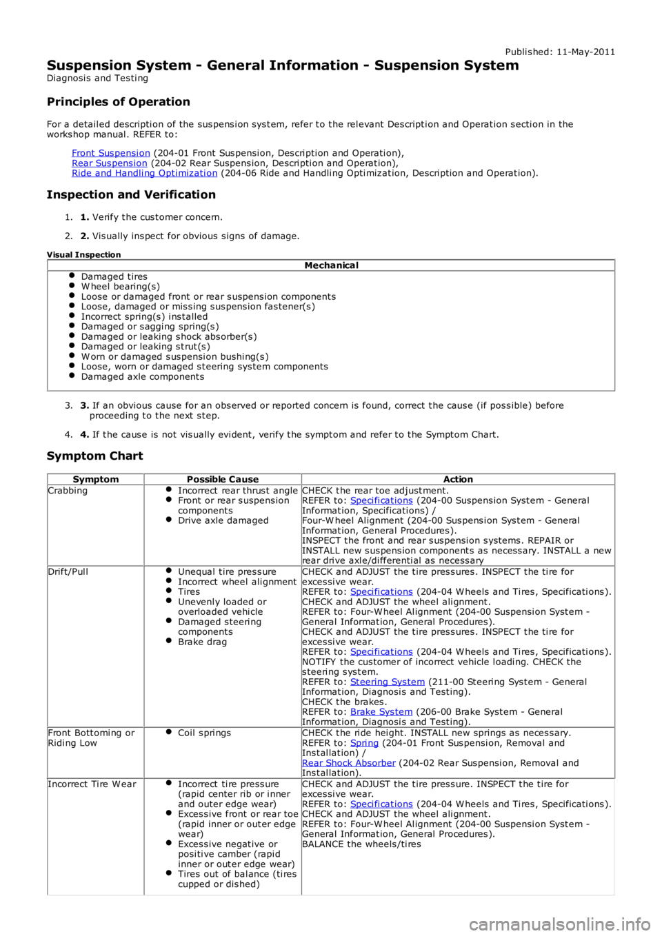 LAND ROVER FRELANDER 2 2006 Repair Manual Publi s hed: 11-May-2011
Suspension System - General Information - Suspension System
Diagnosi s and Tes ti ng
Principles of Operation
For a detail ed descripti on of the sus pens i on sys t em, refer LAND ROVER FRELANDER 2 2006 Repair Manual Publi s hed: 11-May-2011
Suspension System - General Information - Suspension System
Diagnosi s and Tes ti ng
Principles of Operation
For a detail ed descripti on of the sus pens i on sys t em, refer