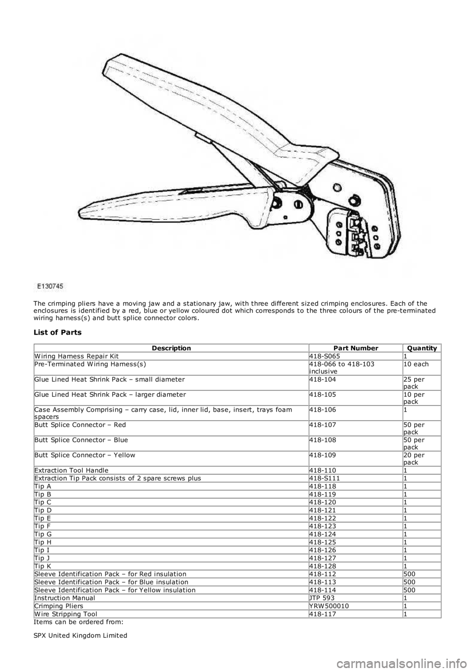 LAND ROVER FRELANDER 2 2006 Repair Manual The cri mping pli ers have a movi ng jaw and a s t at ionary jaw, wi th t hree di fferent s ized cri mping enclos ures. Each of t heencl osures is i dent ified by a red, blue or yell ow coloured do LAND ROVER FRELANDER 2 2006 Repair Manual The cri mping pli ers have a movi ng jaw and a s t at ionary jaw, wi th t hree di fferent s ized cri mping enclos ures. Each of t heencl osures is i dent ified by a red, blue or yell ow coloured do