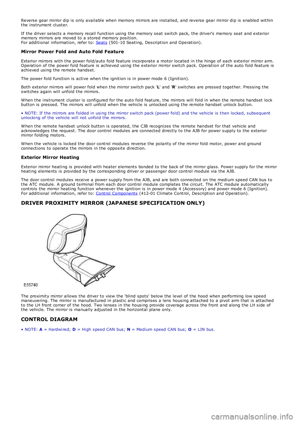 LAND ROVER FRELANDER 2 2006 Repair Manual Revers e gear mirror dip i s only avail abl e when memory mi rrors are ins t al led, and revers e gear mi rror di p is enabled wit hint he ins trument cl ust er.
If the driver sel ect s a memory re LAND ROVER FRELANDER 2 2006 Repair Manual Revers e gear mirror dip i s only avail abl e when memory mi rrors are ins t al led, and revers e gear mi rror di p is enabled wit hint he ins trument cl ust er.
If the driver sel ect s a memory re