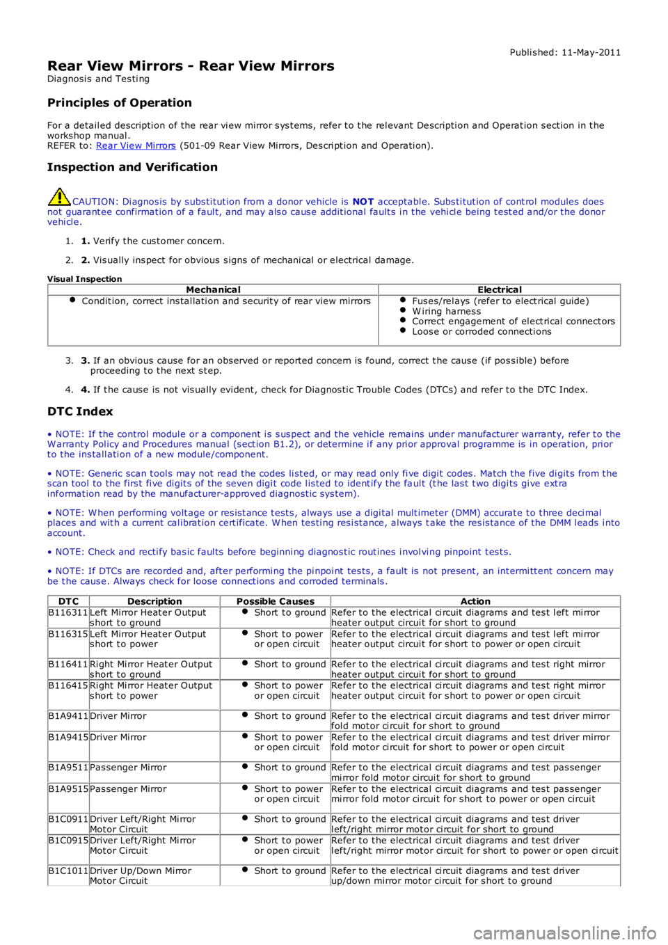LAND ROVER FRELANDER 2 2006 Repair Manual Publi s hed: 11-May-2011
Rear View Mirrors - Rear View Mirrors
Diagnosi s and Tes ti ng
Principles of Operation
For a detail ed descripti on of the rear vi ew mirror s ys t ems, refer t o t he rel ev LAND ROVER FRELANDER 2 2006 Repair Manual Publi s hed: 11-May-2011
Rear View Mirrors - Rear View Mirrors
Diagnosi s and Tes ti ng
Principles of Operation
For a detail ed descripti on of the rear vi ew mirror s ys t ems, refer t o t he rel ev