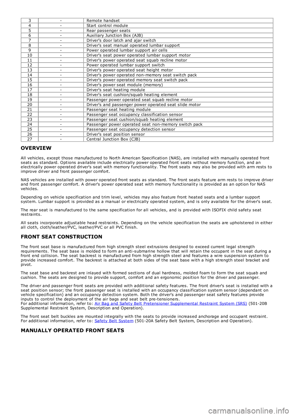 LAND ROVER FRELANDER 2 2006 Repair Manual 3
-Remote hands et
4 -Start control modul e
5 -Rear pas senger s eat s
6 -Auxi liary Junct ion Box (AJB)
7 -Dri ver's door lat ch and ajar s wit ch
8 -Dri ver's s eat manual operat ed lumb LAND ROVER FRELANDER 2 2006 Repair Manual 3
-Remote hands et
4 -Start control modul e
5 -Rear pas senger s eat s
6 -Auxi liary Junct ion Box (AJB)
7 -Dri ver's door lat ch and ajar s wit ch
8 -Dri ver's s eat manual operat ed lumb