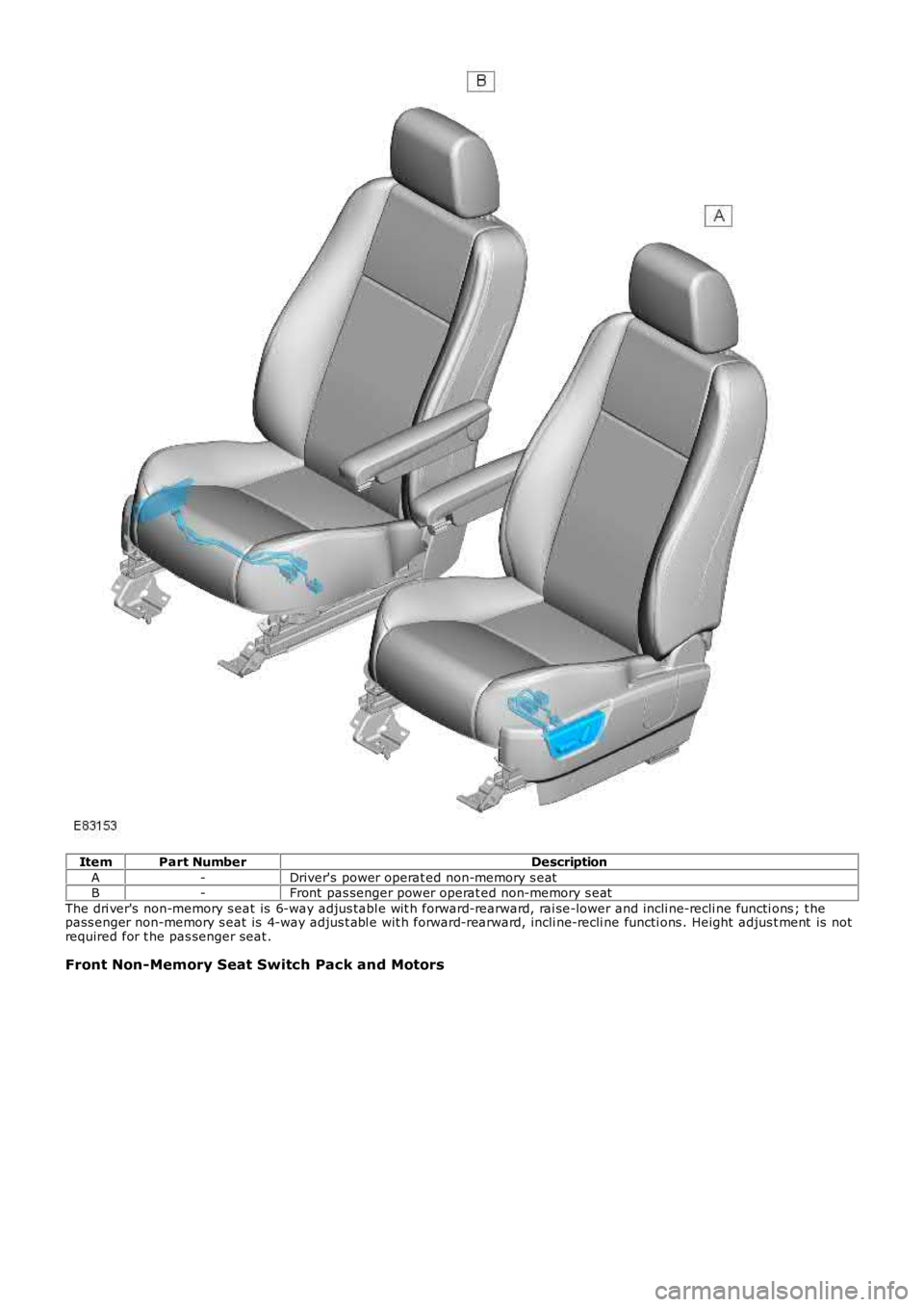 LAND ROVER FRELANDER 2 2006 Repair Manual Item
Part Number Description
A -Driver's power operat ed non-memory s eat
B -Front pas senger power operat ed non-memory s eat
The dri ver's non-memory s eat is 6-way adjus tabl e wit h for LAND ROVER FRELANDER 2 2006 Repair Manual Item
Part Number Description
A -Driver's power operat ed non-memory s eat
B -Front pas senger power operat ed non-memory s eat
The dri ver's non-memory s eat is 6-way adjus tabl e wit h for