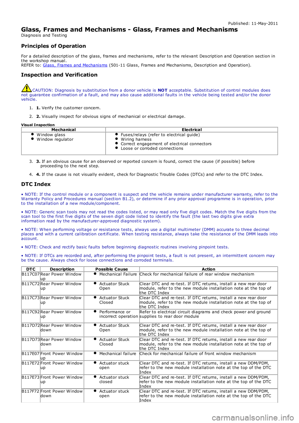LAND ROVER FRELANDER 2 2006  Repair Manual Publi s hed: 11-May-2011
Glass, Frames and Mechanisms - Glass, Frames and Mechanisms
Diagnosi s  and Tes ti ng
Principles of Operation
For a detail ed descripti on of the gl ass , frames  and mechanis