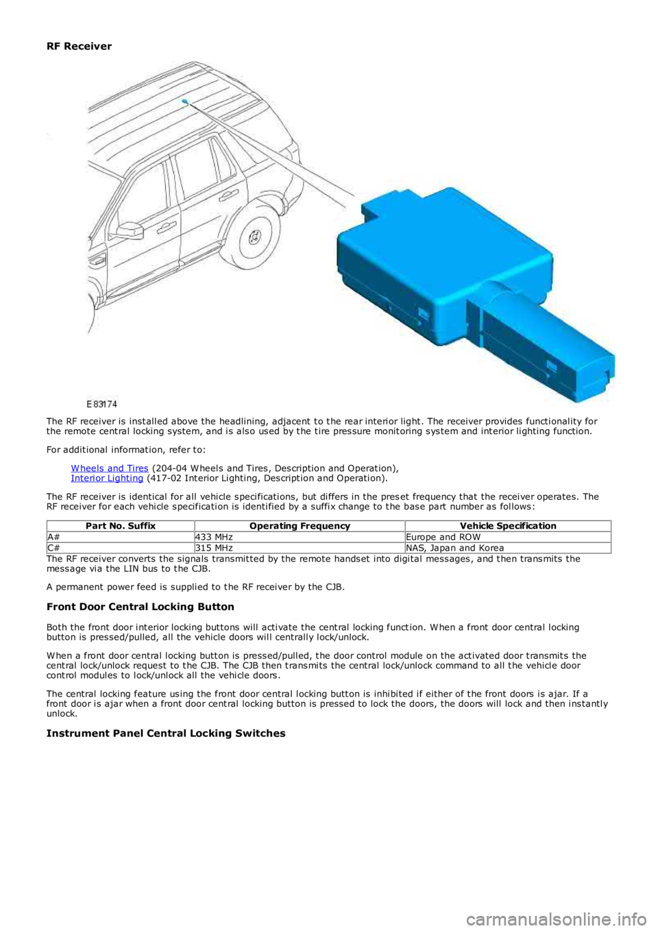 LAND ROVER FRELANDER 2 2006 Repair Manual RF Receiver
The RF receiver is inst all ed above the headlining, adjacent t o t he rear interi or light . The receiver provides functi onal ity forthe remote cent ral locking system, and i s als o LAND ROVER FRELANDER 2 2006 Repair Manual RF Receiver
The RF receiver is inst all ed above the headlining, adjacent t o t he rear interi or light . The receiver provides functi onal ity forthe remote cent ral locking system, and i s als o