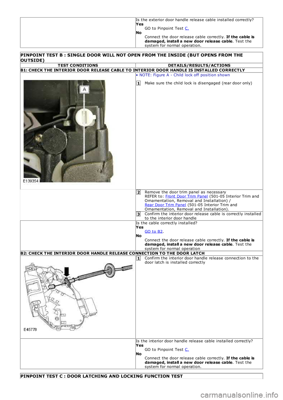 LAND ROVER FRELANDER 2 2006  Repair Manual 1
2
3
1
Is  t he exterior door handle releas e cabl e ins t al led correct ly?YesGO t o Pinpoint  Tes t C.NoConnect the door rel eas e cable correctl y. If the cable isdamaged, install a new  door rel