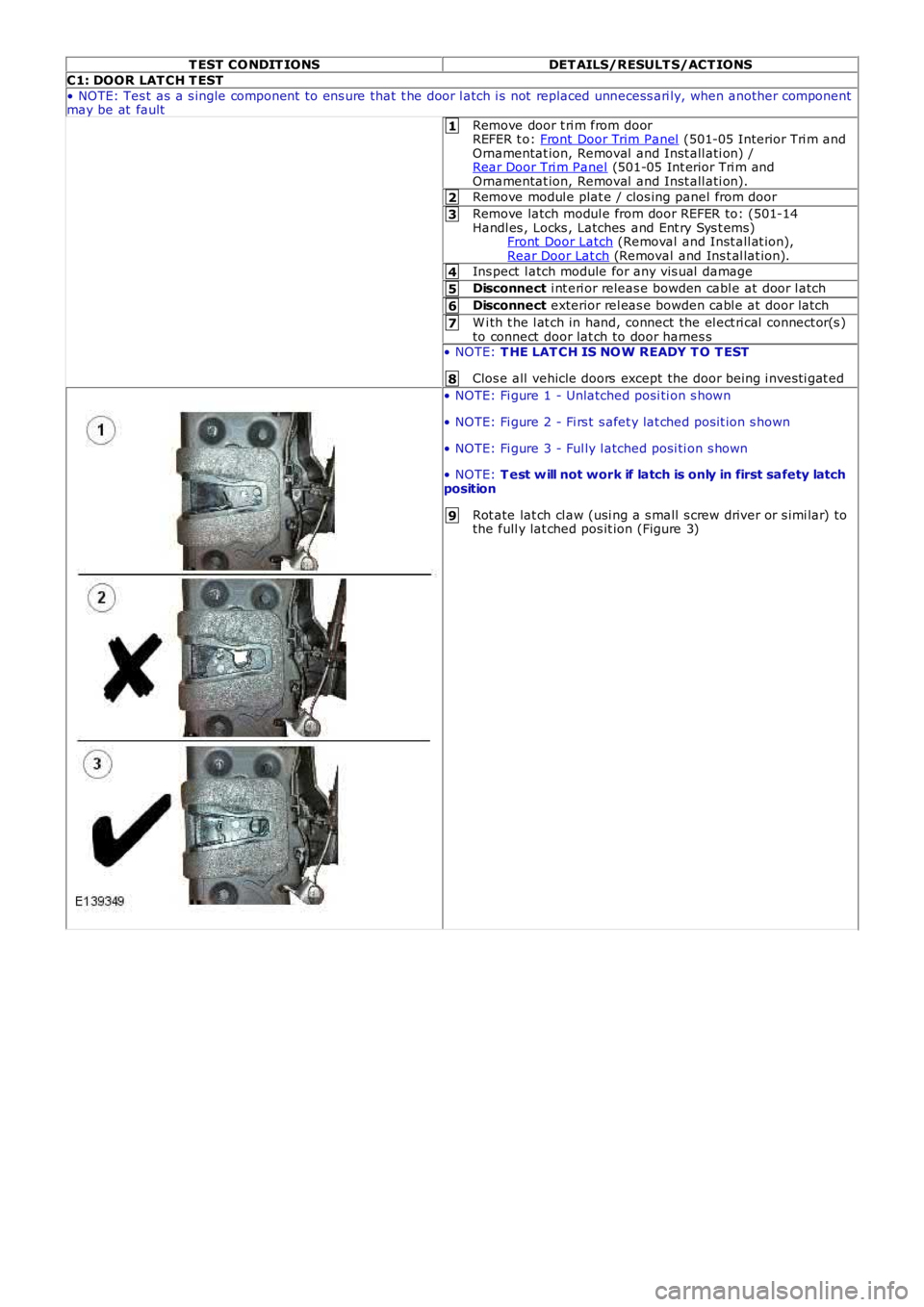 LAND ROVER FRELANDER 2 2006 Repair Manual 1
2
3
4
5
6
7
8
9
T EST CO NDIT IONSDET AILS/RESULT S/ACT IONS
C1: DOOR LAT CH T EST
• NOTE: Tes t as a s ingle component to ens ure that t he door l atch i s not replaced unnecess ari ly, when a LAND ROVER FRELANDER 2 2006 Repair Manual 1
2
3
4
5
6
7
8
9
T EST CO NDIT IONSDET AILS/RESULT S/ACT IONS
C1: DOOR LAT CH T EST
• NOTE: Tes t as a s ingle component to ens ure that t he door l atch i s not replaced unnecess ari ly, when a