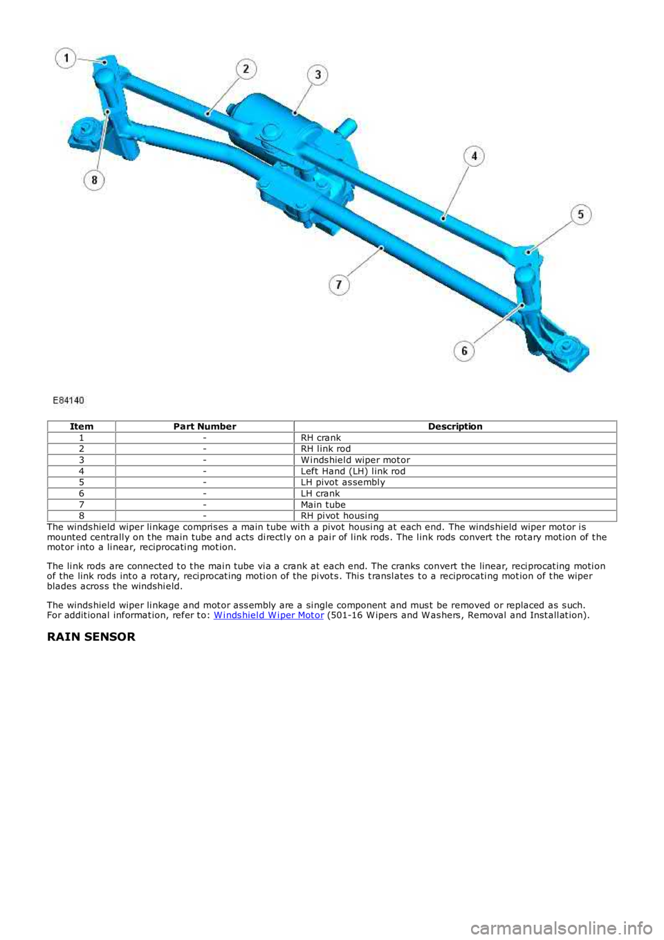 LAND ROVER FRELANDER 2 2006 Repair Manual ItemPart NumberDescription
1-RH crank2-RH l ink rod
3-W i nds hiel d wiper mot or
4-Left Hand (LH) l ink rod5-LH pivot as sembl y
6-LH crank
7-Main tube8-RH pi vot housi ng
The winds hield wiper li LAND ROVER FRELANDER 2 2006 Repair Manual ItemPart NumberDescription
1-RH crank2-RH l ink rod
3-W i nds hiel d wiper mot or
4-Left Hand (LH) l ink rod5-LH pivot as sembl y
6-LH crank
7-Main tube8-RH pi vot housi ng
The winds hield wiper li