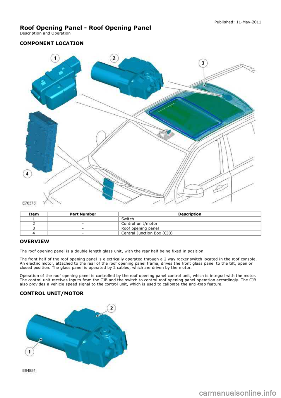 LAND ROVER FRELANDER 2 2006 Repair Manual Publi s hed: 11-May-2011
Roof Opening Panel - Roof Opening Panel
Des cript ion and Operat ion
COMPONENT LOCATION
ItemPart NumberDescription
1-Swit ch2-Control unit /motor
3-Roof opening panel
4-Centr LAND ROVER FRELANDER 2 2006 Repair Manual Publi s hed: 11-May-2011
Roof Opening Panel - Roof Opening Panel
Des cript ion and Operat ion
COMPONENT LOCATION
ItemPart NumberDescription
1-Swit ch2-Control unit /motor
3-Roof opening panel
4-Centr