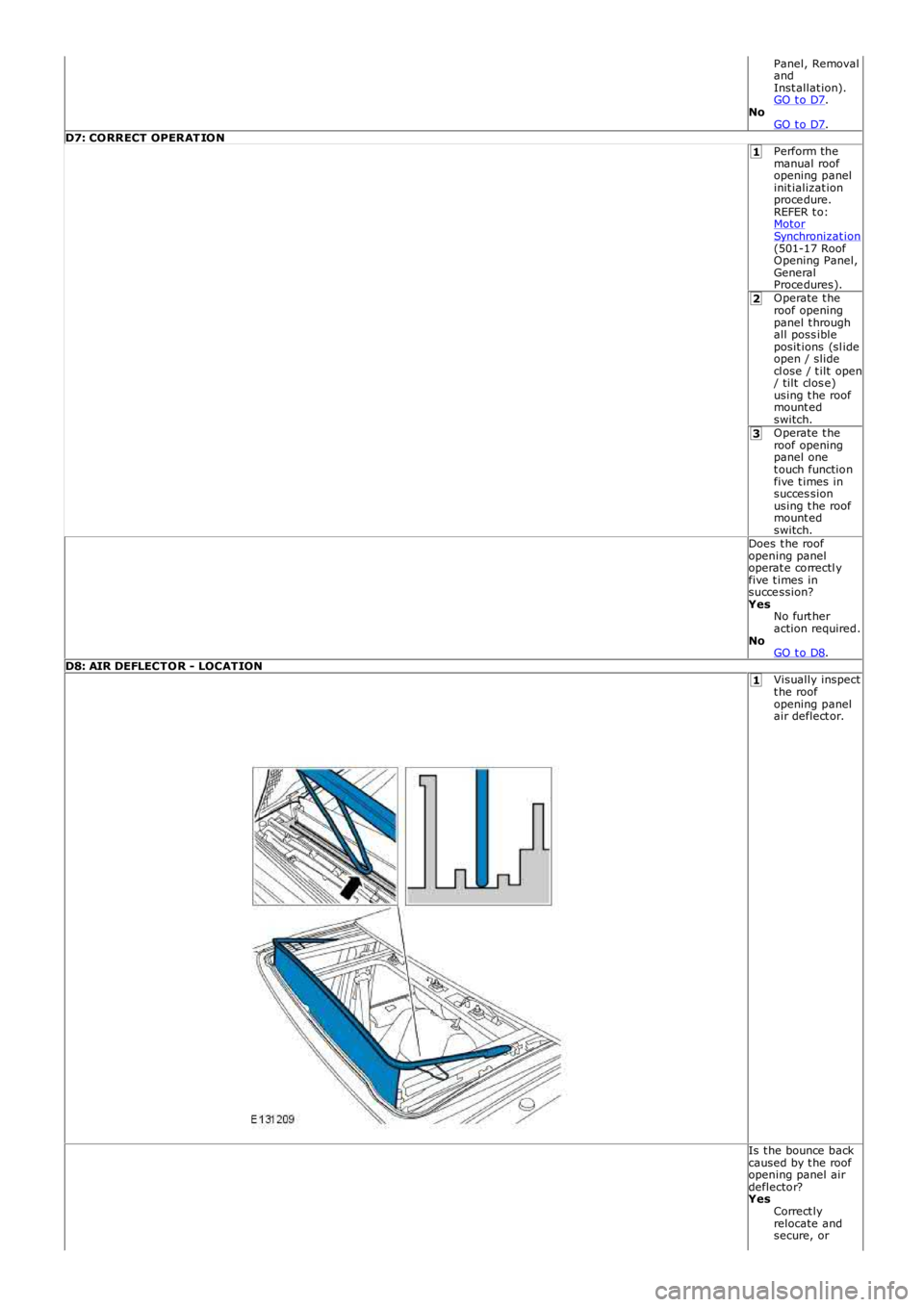 LAND ROVER FRELANDER 2 2006  Repair Manual 1
2
3
1
Panel, RemovalandInst allat ion).GO t o D7.NoGO t o D7.D7: CORRECT  OPERAT IONPerform themanual  roofopening panelinit ializat ionproce dure.REFER t o:MotorSynchronizat ion(501-17 RoofOpening 