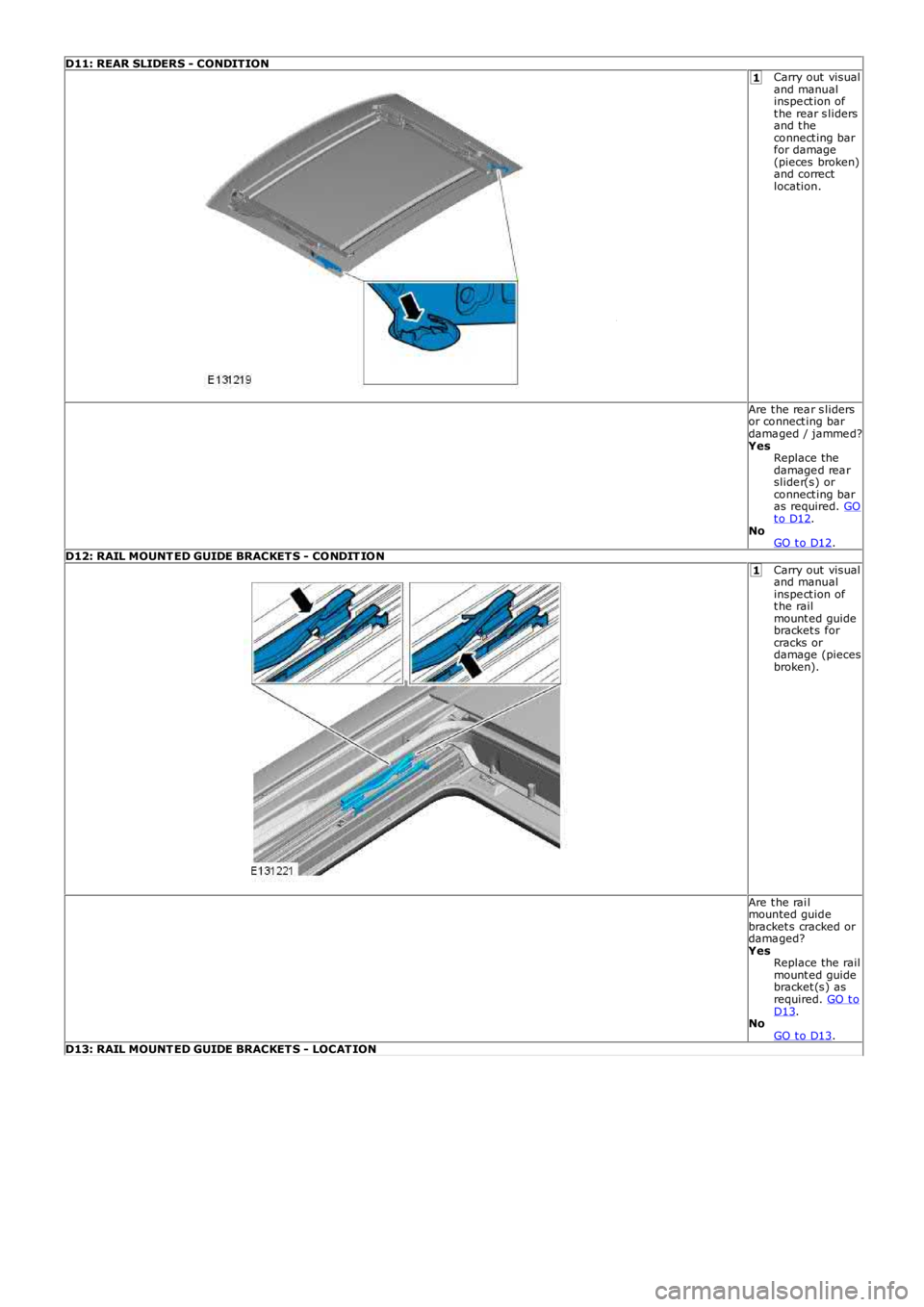 LAND ROVER FRELANDER 2 2006  Repair Manual 1
1
D11: REAR SLIDERS - CONDITIONCarry out  visualand manualinspe ct ion oft he rear s lidersand t heconnect ing barfor damage(pieces  broken)and correctlocation.
Are t he rea r s lidersor connect ing