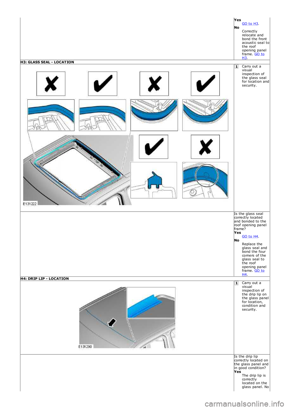 LAND ROVER FRELANDER 2 2006  Repair Manual 1
1
YesGO t o H3.NoCorrect lyrelocate andbond t he frontacoust ic sea l t ot he roofopening panelframe. GO toH3.H3: GLASS SEAL - LOCAT IONCarry out  avis ualinspe ct ion oft he glass s ealfor locat io
