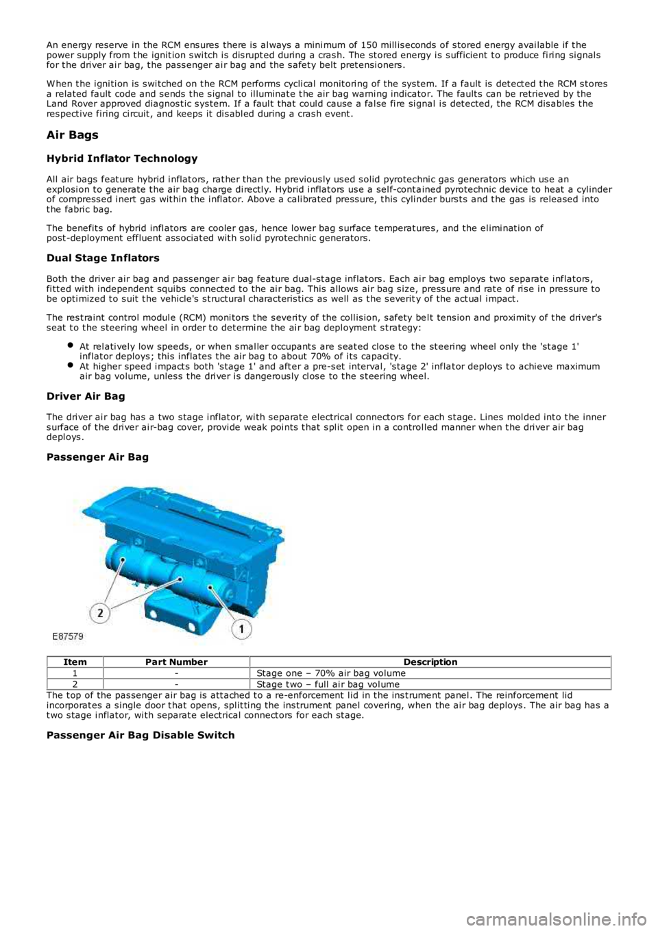LAND ROVER FRELANDER 2 2006  Repair Manual An energy reserve in the RCM ens ures  there is  al ways  a mini mum of 150 mill is econds  of s tored energy avai lable if t hepower supply from t he ignit ion s wi tch i s dis rupt ed during a cras 