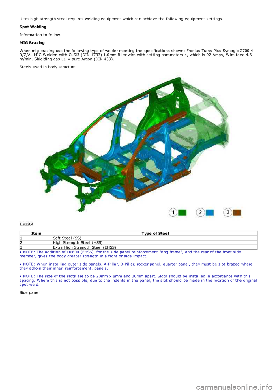 LAND ROVER FRELANDER 2 2006 Repair Manual Ult ra high s t rength s t eel requi res wel ding equipment which can achi eve the foll owing equipment s et t ings.
Spot Welding
Informat ion t o foll ow.
MIG Brazing
W hen mig-brazi ng us e the fo LAND ROVER FRELANDER 2 2006 Repair Manual Ult ra high s t rength s t eel requi res wel ding equipment which can achi eve the foll owing equipment s et t ings.
Spot Welding
Informat ion t o foll ow.
MIG Brazing
W hen mig-brazi ng us e the fo